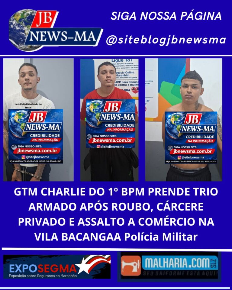 GTM CHARLIE DO 1º BPM PRENDE TRIO ARMADO APÓS ROUBO, CÁRCERE PRIVADO E ASSALTO A COMÉRCIO NA VILA BACANGA